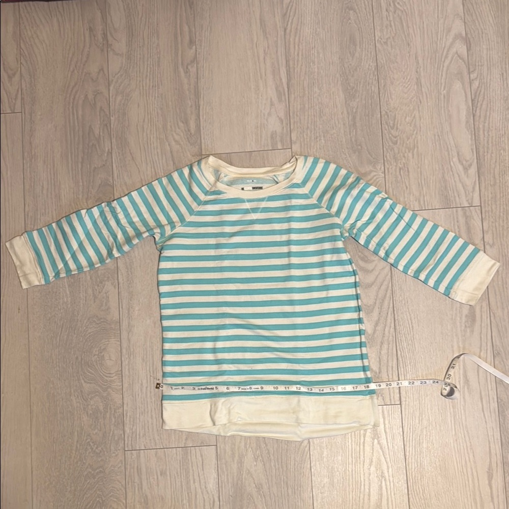 Striped Three Quarter Sleeve Sweatshirt in Teal and Cream